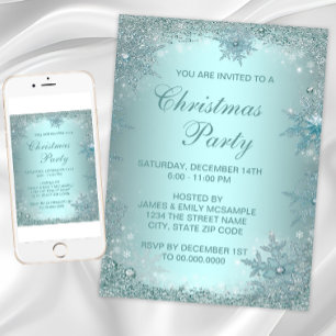 Invitación Fiesta de Navidad Elegante Copo de Nieve Azul Teal