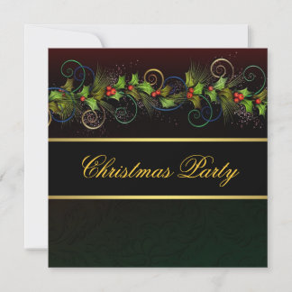 Invitación Fiesta de Navidad elegante de acebo de oro negro