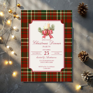 Invitación fiesta de Navidad elegante de cuadros rojos de pin