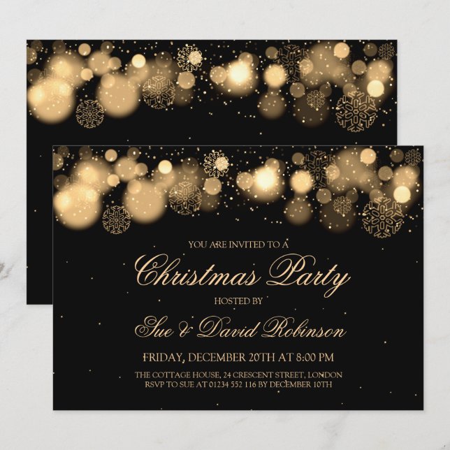 Invitación Fiesta de Navidad elegante del oro de la maravilla (Anverso / Reverso)