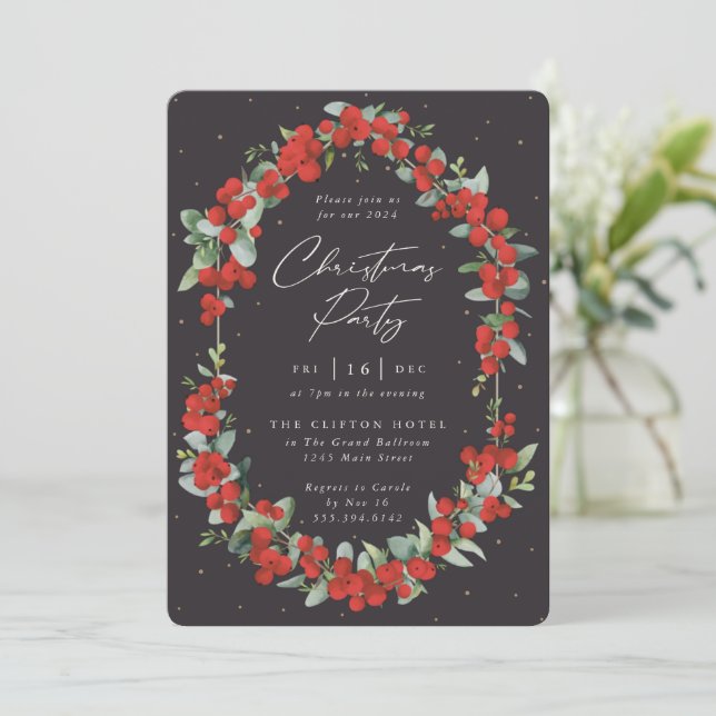 Invitación Fiesta de Navidad Elegante Frambuesa Roja + Eucali (Anverso de pie)