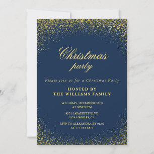 Invitación Fiesta de Navidad elegante  glamour dorado y azul 