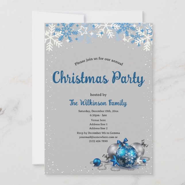 Invitación Fiesta de Navidad elegante gris y azul  (Anverso)