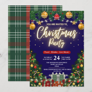 Invitación Fiesta de Navidad elegante moderna a cuadros verde