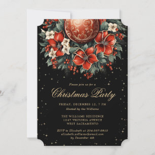 Invitación Fiesta de Navidad Elegante Negro Oro Botánico