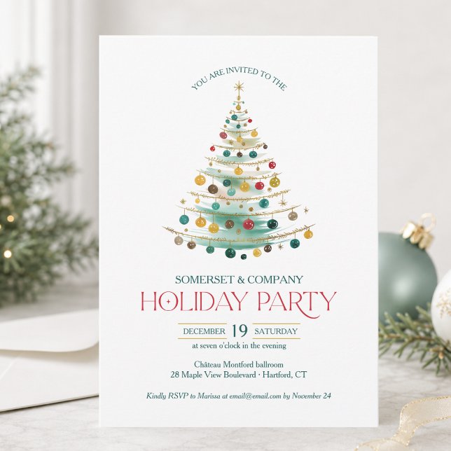 Invitación Fiesta de Navidad elegante para empresas (corporate business christmas holiday party invitation with elegant typography and custom details)