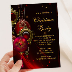 Invitación Fiesta de Navidad elegante roja dorada