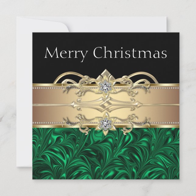 Invitación Fiesta de Navidad elegante verde dorado negro (Anverso)