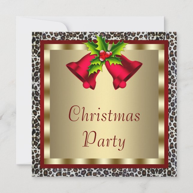 Invitación Fiesta de Navidad Elegantes Campanas Rojas Leopard (Anverso)
