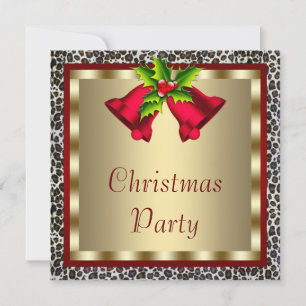 Invitación Fiesta de Navidad Elegantes Campanas Rojas Leopard