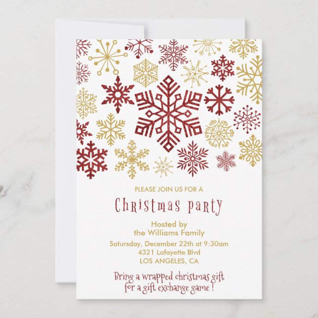 Invitación Fiesta de Navidad Elegantes Copos de Nieve (Anverso)