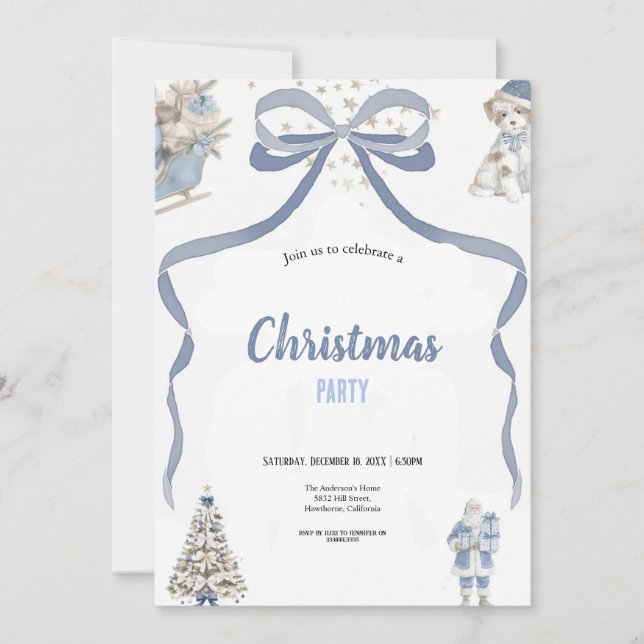 Invitación Fiesta de Navidad en acuarela azul y gris linda  (Anverso)