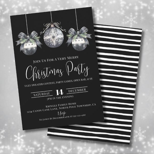 Invitación Fiesta de Navidad en Blanco y Negro (Elegant Simple Black Christmas Party Invitation)