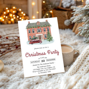 Invitación Fiesta de Navidad en Casa de Ladrillo Rojo Vintage