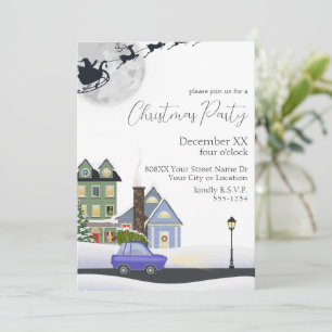 Invitación Fiesta de Navidad en el pueblo en una noche de inv