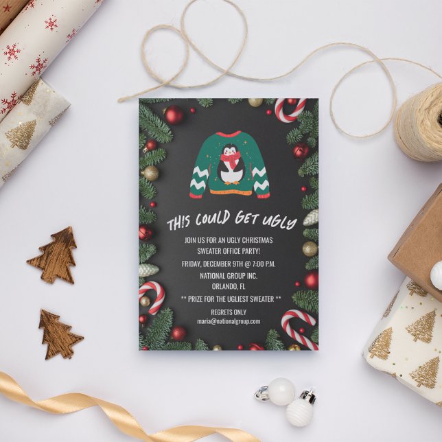 Invitación Fiesta de Navidad en la Oficina con Jerseys Feos d (Ugly Christmas Sweater Office Christmas Party Invitation)