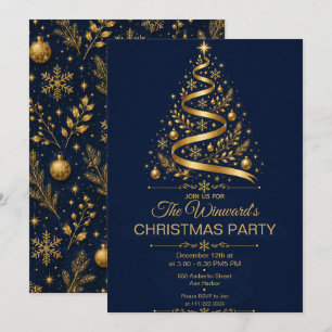 Invitación Fiesta de Navidad en oro y azul marino