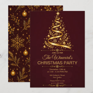 Invitación Fiesta de Navidad en oro y borgoña