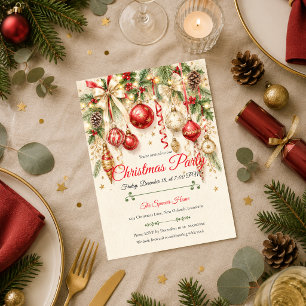 Invitación Fiesta de Navidad en Rojo Oro Elegante
