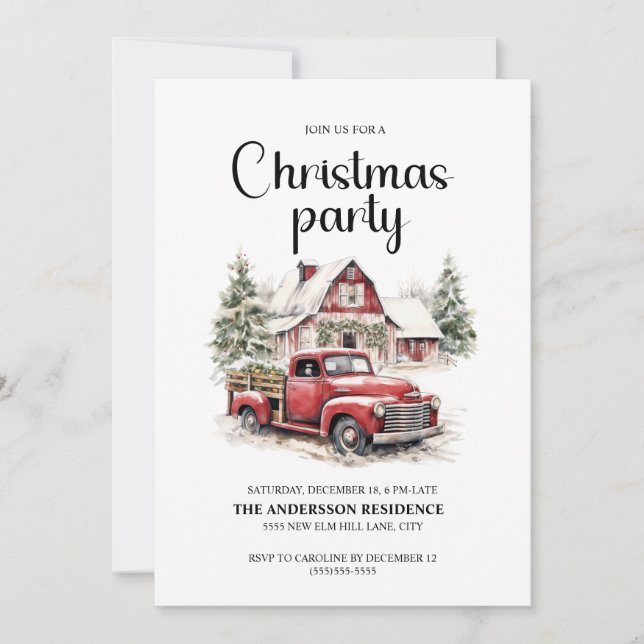 Invitación Fiesta de Navidad en una cabaña rústica con camión (Anverso)
