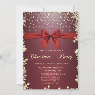 Invitación Fiesta de Navidad Estrellas Doradas con Lazo Rojo