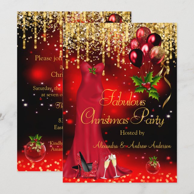 Invitación Fiesta de Navidad Fantástica Brillante Rojo Dorado (Anverso / Reverso)
