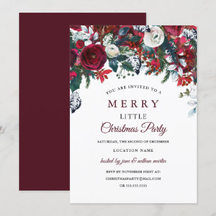 Invitación Fiesta de Navidad Floral Blanca Roja Borgoña