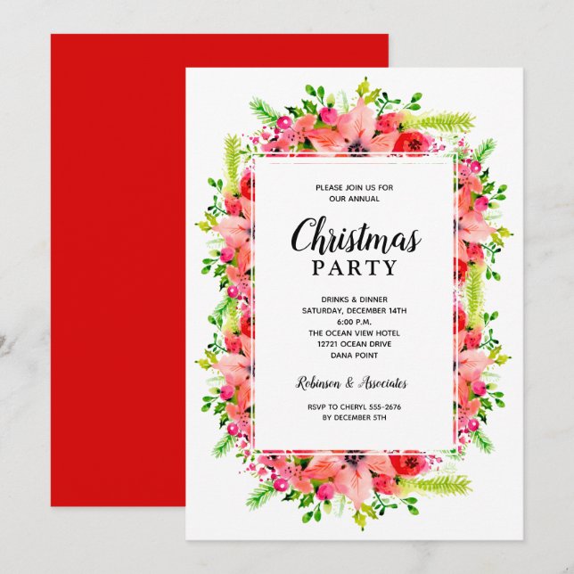 Invitación Fiesta de Navidad floral botánica elegante (Anverso / Reverso)