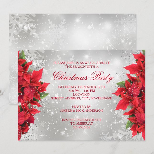 Invitación Fiesta de Navidad Floral de Acebo con Brillo Plate (Anverso / Reverso)