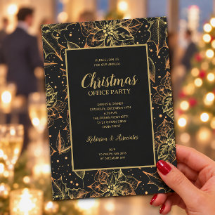 Invitación Fiesta de Navidad floral dorada y negra