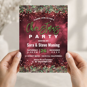 Invitación Fiesta de Navidad floral elegante chic verde rojo