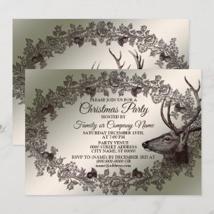 Invitación Fiesta de Navidad Floral Reno Dorado Invierno