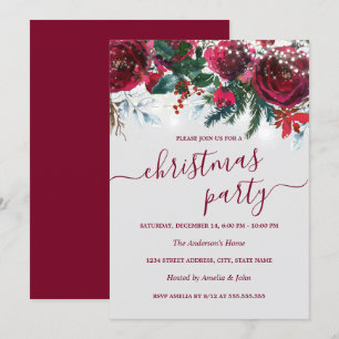 Invitación Fiesta de Navidad floral roja acuarela