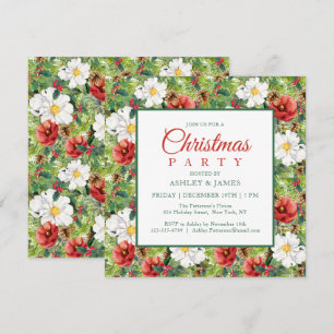 Invitación Fiesta de Navidad floral roja y blanca chic
