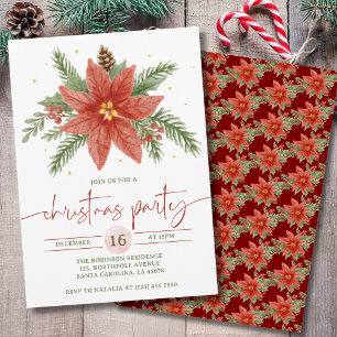 Invitación Fiesta de Navidad floral roja y verde acuarela