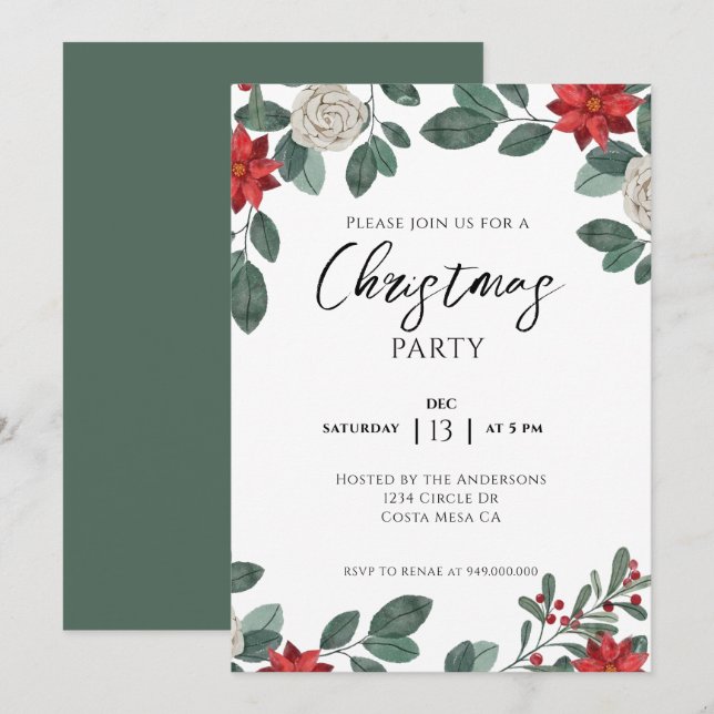 Invitación Fiesta de Navidad Floral Rojo Verde (Anverso / Reverso)