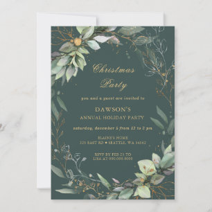 Invitación Fiesta de Navidad Floral Verde Dorado de Invierno
