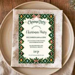 Invitación Fiesta de Navidad Folk Verde y Dorada