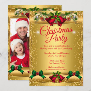 Invitación Fiesta de Navidad Foto Rojo Dorado