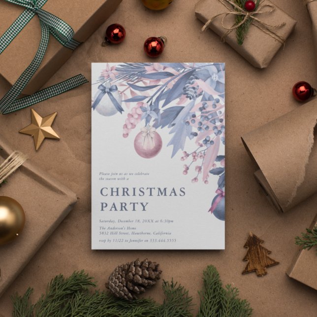Invitación Fiesta de Navidad Girly Pink & Grey Follaje de Inv (Subido por el creador)