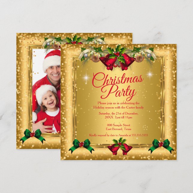 Invitación Fiesta de Navidad Glitter Dorado Rojo Foto (Anverso / Reverso)