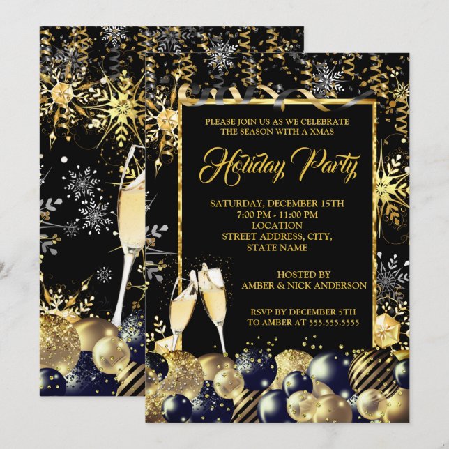 Invitación Fiesta de Navidad Gold Black Copos de Nieve (Anverso / Reverso)