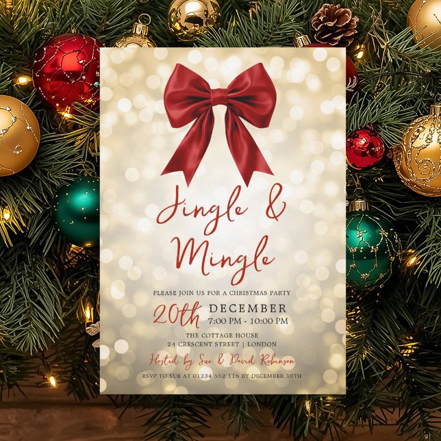 Invitación Fiesta de Navidad Gold Jingle Mingle con luces y l (Gold Jingle Mingle Christmas Party Red Bow Lights Invitation)