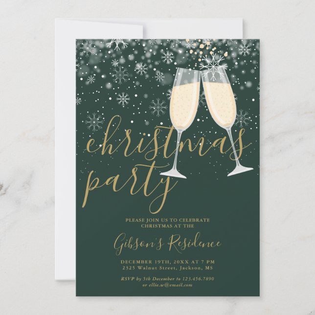 Invitación Fiesta de Navidad Guión Dorado Copos de Nieve de I (Anverso)