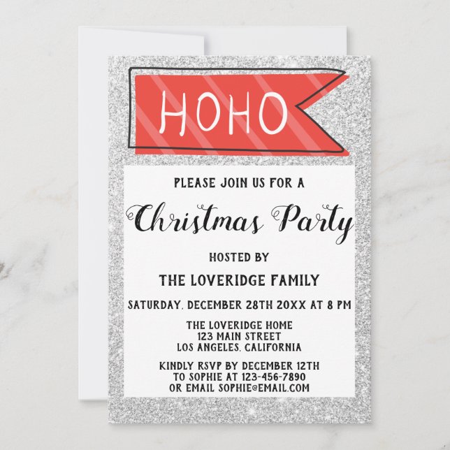 Invitación Fiesta de Navidad Holiday Rojo y Gris Brillo de Pl (Anverso)