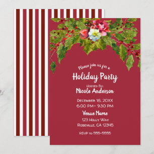 Invitación Fiesta de Navidad Holly Berry Floral Bayas