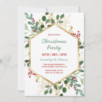 Invitación Fiesta de Navidad Holly Green y Gold