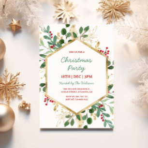 Invitación Fiesta de Navidad Holly Green y Gold