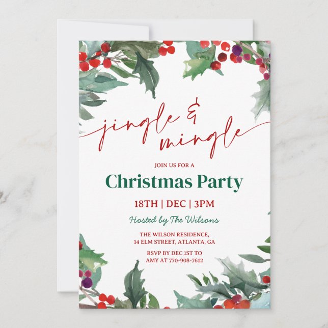 Invitación Fiesta de Navidad Holly Jingle and Mingle (Anverso)