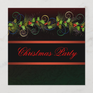 Invitación Fiesta de Navidad Holly Negro Rojo Dorado